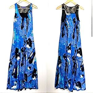 Vivienne Tam Micro Vintage Mesh Blue Watercolor Floral Maxi Dress
